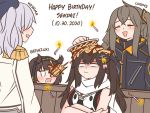  4girls :d bare_arms bare_shoulders bell black_hair black_hairband blush breasts cake candle character_name closed_eyes closed_mouth commentary crossed_arms crossover dated english_commentary epaulettes fire food food_on_head girls_frontline grey_hair guin_guin hair_bell hair_ears hair_ornament hairband happy_birthday hatsuzuki_(kantai_collection) in_the_face jacket jingle_bell kantai_collection kashima_(kantai_collection) long_hair medium_breasts multiple_girls object_on_head one_side_up open_mouth red_shirt scar scar_across_eye scarf sendai_(kantai_collection) shirt simple_background smile ump45_(girls_frontline) very_long_hair white_background white_jacket white_scarf 
