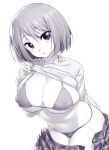  1girl bikini blush bob_cut breasts covered_nipples large_breasts leaning_forward lifted_by_self long_sleeves looking_at_viewer monochrome navel onsoku_inu open_clothes open_skirt parted_lips pleated_skirt purple_eyes purple_theme saki shirt_lift short_hair simple_background skindentation skirt solo swimsuit unozawa_shiori white_background 