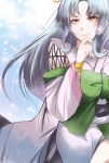  1girl bangs blue_hair brown_eyes finger_to_cheek floating_hair glacies hoshino_(pixiv12796893) japanese_clothes long_hair looking_at_viewer solo super_robot_wars super_robot_wars_destiny super_robot_wars_original_generation 