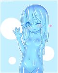  1girl :d blue_background blue_eyes blue_hair blue_sclera blue_skin blush border breasts cowboy_shot hand_up heart kixyuresu long_hair looking_at_viewer monster_girl navel one_eye_closed open_mouth original outline slime_girl small_breasts smile solo standing thigh_gap waving white_border white_outline 