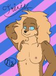  absurd_res anthro areola arm_tuft black_nose blonde_hair blue_eyes breasts brown_body brown_fur bust_portrait canid canine canis casual_nudity collarbone demitri_art domestic_dog elbow_tufts female fur hair hand_behind_head hi_res long_hair mammal multicolored_body multicolored_fur nipples no_pupils nude pattern_background pink_nipples portrait shoulder_tuft signature simple_background smile solo striped_background tan_body tan_fur text trixie_(jay_naylor) tuft 