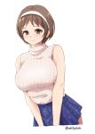  1girl alternate_costume beige_sweater blue_skirt breasts brown_eyes brown_hair casual commentary_request hairband highres kamikitayotsuba kantai_collection large_breasts natori_(kantai_collection) pleated_skirt ribbed_sweater short_hair simple_background skirt sleeveless_sweater solo sweater twitter_username white_background white_hairband 