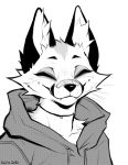  2020 absurd_res anthro canid canine cheek_tuft clothed clothing eyes_closed facial_tuft falvie fox fur hi_res hoodie inner_ear_fluff mammal monochrome simple_background solo topwear tuft white_background 
