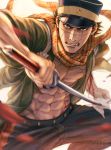  1boy abs absurdres blood blue_pants clenched_teeth commentary_request facial_scar golden_kamuy green_shirt hat highres holding holding_sword holding_weapon huge_filesize imperial_japanese_army japanese_clothes katana military_hat mouth_scar mprichin nose_scar open_clothes open_shirt pants pectorals scar scarf shirt short_hair sugimoto_saichi sword teeth weapon yellow_eyes yellow_scarf 