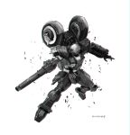  absurdres artist_name babyj0 floating gun highres holding holding_gun holding_weapon kikou_souseiki_mospeada looking_at_viewer mecha monochrome mospeada mospeada_(mecha) no_humans open_hand science_fiction solo weapon white_background 