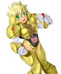  1girl armor blonde_hair blush character_request covered_navel d: dot_nose dutch_angle elbow_gloves gloves green_eyes grey_gloves gundam hand_up highleg highleg_leotard leotard looking_at_viewer onsoku_inu open_mouth pauldrons personification short_hair shoulder_armor simple_background solo thighhighs turn_a_gundam upper_teeth white_background yellow_legwear 