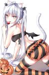  1girl ahoge all_fours animal_ears ass bandeau bangs bare_arms bare_shoulders bat_wings beliatan black_bandeau black_legwear black_shorts blue_eyes blush breasts candy cat_ears cat_girl cat_tail choker commentary eyebrows_visible_through_hair fake_wings fang food frills hair_ornament halloween hand_up highres holding holding_candy holding_food holding_lollipop jack-o&#039;-lantern lollipop long_hair looking_at_viewer mole mole_under_eye orange_choker orange_legwear orange_shorts original pumpkin shorts sidelocks silver_hair simple_background small_breasts solo striped striped_legwear striped_shorts tail thighhighs tongue tongue_out twintails very_long_hair white_background wings 