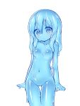  1girl arms_at_sides blue_hair blue_sclera blue_skin blush breasts closed_mouth cowboy_shot kixyuresu long_hair monster_girl navel nude original simple_background slime_girl small_breasts solo standing thigh_gap white_background 