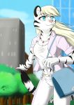  anthro black_body black_fur blonde_hair blue_eyes breasts clothed clothing collar detailed_background felid female fluffy fluffy_tail fur gem hair hi_res mammal open_mouth open_smile pantherine raynadkins smile solo teeth tiger white_body white_fur 