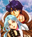  1boy 1girl black_gloves black_hair blue_eyes blue_hair brown_eyes fingerless_gloves glacies gloves hair_tubes hgoyan hug hug_from_behind joshua_radcliffe looking_at_viewer smile super_robot_wars super_robot_wars_destiny 