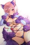  1girl animal_ears bangs bare_shoulders blush breasts cleavage dangerous_beast elbow_gloves fate/grand_order fate_(series) fur-trimmed_gloves fur-trimmed_legwear fur_collar fur_trim gloves hair_over_one_eye halloween_costume highres hijiri_ruka large_breasts light_purple_hair looking_at_viewer mash_kyrielight navel o-ring purple_eyes revealing_clothes tail thighhighs white_background wolf_ears wolf_tail 