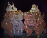  american_mythology anthro breasts canid clothing duo female genitals hi_res hyper indigenous_north_american_mythology mammal mythology north_american_mythology obese overweight pussy translucent translucent_clothing vdisco wendigo 