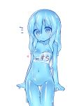  1girl arms_at_sides blue_hair blue_sclera blue_skin blush breasts cowboy_shot heart kixyuresu long_hair monster_girl name_tag navel notice_lines nude original parted_lips peeling simple_background slime_girl small_breasts solo standing thigh_gap white_background 