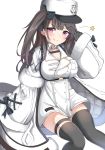  1girl :q absurdres arm_up azur_lane black_bow black_gloves black_legwear blush bow breasts brown_hair cleavage closed_mouth commentary_request dress feet_out_of_frame fur-trimmed_sleeves fur_hat fur_trim gloves hat highres large_breasts long_hair long_sleeves moyoron one_side_up pamiat_merkuria_(azur_lane) purple_eyes russian_clothes simple_background sitting sleeves_past_wrists smile solo star_(symbol) thighhighs tongue tongue_out v very_long_hair white_background white_dress white_headwear wide_sleeves 