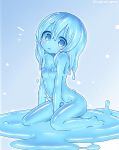  1girl barefoot between_legs blue_eyes blue_hair blue_sclera blue_skin breasts hand_between_legs head_tilt highres kixyuresu long_hair looking_at_viewer monster_girl nude original outline parted_lips puddle sitting slime_girl small_breasts solo twitter_username white_outline 