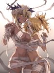  2girls artoria_pendragon_(all) artoria_pendragon_(lancer_alter) ass bandaged_arm bandaged_hand bandaged_leg bandaged_neck bandages bangs bare_shoulders blonde_hair breasts claw_pose closed_mouth eyebrows_visible_through_hair fate/apocrypha fate/grand_order fate_(series) green_eyes hair_between_eyes hair_ornament hair_scrunchie highres large_breasts long_hair looking_at_viewer mordred_(fate) mordred_(fate)_(all) multiple_girls mummy_costume navel ponytail pout purple_nails red_scrunchie scrunchie small_breasts tonee 
