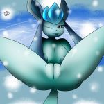  1:1 anthro anus areola big_breasts blep breasts clitoris eeveelution female genitals glaceon hi_res kiwizerf looking_at_viewer nintendo one_eye_closed pok&eacute;mon pok&eacute;mon_(species) presenting presenting_pussy pussy simple_background snow solo spread_legs spreading tongue tongue_out video_games wink 