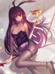  aito animal_ears bunny_ears bunny_girl fate/grand_order fishnets garter heels no_bra scathach_(fate/grand_order) weapon 