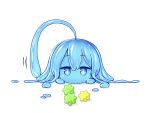  +_+ 1girl ahoge blue_eyes blue_hair blue_sclera blue_skin candy closed_mouth dot_mouth food huge_ahoge jitome kixyuresu konpeitou looking_at_viewer lying melting monster_girl motion_lines on_stomach original simple_background slime_girl solo white_background 