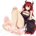 1girl arknights bangs bare_legs barefoot black_dress blush breasts cleavage commentary dress eyebrows_visible_through_hair feet foot_focus hair_between_eyes hair_intakes highres horns long_hair looking_at_viewer medium_breasts nogchaminteu partially_visible_vulva purple_eyes red_hair red_nails short_dress simple_background sleeveless sleeveless_dress smile soles solo steam surtr_(arknights) thighs toenail_polish very_long_hair white_background 