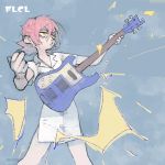  1girl bangs blue_background cowlick drooling flcl guitar half-closed_eyes haruhara_haruko highres instrument no_pants nurse pink_hair saliva short_hair simple_background solo sparkle standing teardrop tears tekito03 yellow_eyes 