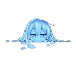  1girl ahoge blue_eyes blue_hair blue_sclera blue_skin closed_mouth dot_mouth huge_ahoge jitome kixyuresu looking_at_viewer lying melting monster_girl on_stomach original simple_background slime_girl solo white_background 