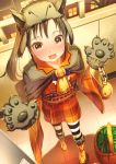  1girl :d abo_(kawatasyunnnosukesabu) bag black_hair blush boots costume dress fangs fur_gloves fur_hat halloween handbag hat highres indoors long_hair looking_at_viewer open_mouth orange_dress original ponytail smile solo standing striped striped_legwear sweatdrop 