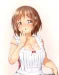  1girl apron blush breasts brown_eyes brown_hair cleavage finger_licking hair_ornament holding idolmaster idolmaster_cinderella_girls large_breasts licking looking_at_viewer maid_apron mimura_kanako onsoku_inu parted_lips pink_background short_hair solo upper_body white_apron 