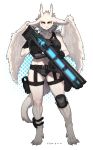  absurd_res anthro dragon female fur furred_dragon furred_wings gun hi_res holster horn knee_pads midriff pgm300 ranged_weapon simple_background solo weapon white_body white_fur yellow_eyes 