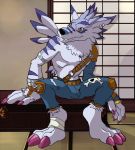  anthro bandage belt bottomwear bulge canid canine clothing denim denim_clothing digimon digimon_(species) ear_piercing ear_ring inside jeans male mammal otakujackal pants piercing sitting solo teeth_showing thegreatmatsutzu weregarurumon yellow_eyes 