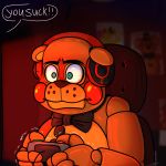  1:1 2020 4_fingers animatronic anthro black_nose blue_eyes blush bow_tie brown_body button_(fastener) ears_down english_text eyebrows fingers five_nights_at_freddy&#039;s five_nights_at_freddy&#039;s_2 fluffycatnesspower freckles gaming headphones hi_res machine male mammal pivoted_ears red_cheeks robot sitting solo text toy_freddy_(fnaf) ursid video_games 