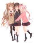  3girls ahoge bangs beret black_legwear black_skirt blush braid brown_hair dated gradient_hair hair_between_eyes hair_flaps hair_ornament hair_ribbon harusame_(kantai_collection) hat highres hug kantai_collection kneehighs light_brown_hair long_hair long_sleeves multicolored_hair multiple_girls murasame_(kantai_collection) naoto_(tulip) necktie open_mouth pantyhose pink_hair pleated_skirt ponytail red_neckwear remodel_(kantai_collection) ribbon sailor_collar school_uniform serafuku shigure_(kantai_collection) side_ponytail signature simple_background single_braid skirt two_side_up white_background white_headwear 