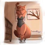  1:1 2020 absurd_res anthro border canid canine clothed clothing detailed_background eyes_closed female fox freckles fur furniture head_tuft hi_res inside louart mammal open_mouth outlet panties solo tuft underwear white_border yawn 