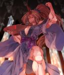  1girl arm_at_side bangs biceps blonde_hair blue_kimono blue_scrunchie blurry blurry_background breasts cave center_opening cleavage commentary_request cup fingernails flexing floating_hair grin hand_up high_ponytail highres holding holding_cup horns hoshiguma_yuugi japanese_clothes kimono large_breasts leg_up long_fingernails long_hair long_sleeves looking_down muscle muscular_female ponytail pose purple_sash red_eyes red_horns red_nails sakazuki sash scrunchie sharp_fingernails sidelocks single_horn smile smug solo star_(symbol) sunyup touhou v-shaped_eyebrows very_long_hair water waterfall wide_sleeves 