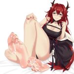  1girl arknights bangs bare_legs barefoot black_dress blush breasts cleavage commentary cum cum_on_feet dress eyebrows_visible_through_hair feet foot_focus hair_between_eyes hair_intakes highres horns long_hair looking_at_viewer medium_breasts nogchaminteu partially_visible_vulva purple_eyes red_hair red_nails short_dress simple_background sleeveless sleeveless_dress smile soles solo surtr_(arknights) thighs toenail_polish very_long_hair white_background 