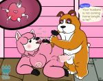  2020 absurd_res alpaca animal_crossing anthro balls booker_(animal_crossing) brown_body bunnybara camelid canid canine canis domestic_dog duo english_text female genitals hi_res male male/female mammal nintendo penis pink_body reese_(animal_crossing) sex slightly_chubby text video_games 