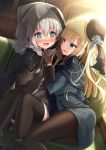  2girls @_@ aqua_eyes arm_support ass bangs black_cape black_headwear black_legwear black_skirt blonde_hair blue_capelet blue_dress blue_eyes blunt_bangs blush brown_gloves cape capelet commentary_request couch dress embarrassed eyebrows_visible_through_hair fate_(series) finger_to_another&#039;s_chin fur-trimmed_cape fur-trimmed_sleeves fur_trim gloves gray_(lord_el-melloi_ii) highres hood hood_up hooded_cape indoors knees_up long_hair lord_el-melloi_ii_case_files magic_chocolate miniskirt multiple_girls naughty_face nose_blush on_couch open_mouth pantyhose parted_lips reines_el-melloi_archisorte short_hair silver_hair skirt thighhighs v-shaped_eyebrows wavy_mouth yuri 
