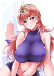  1girl bolobolo breasts charlotte_hasting cowlick highres large_breasts leaning_to_the_side long_hair looking_at_viewer mature midriff navel purple_eyes red_hair smile solo super_robot_wars super_robot_wars_v 