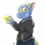  1:1 2020 alternate_version_at_source anthro blue_body clothed clothing fully_clothed hoodie horn looking_at_viewer louart male scalie signature simple_background smile solo topwear white_background 