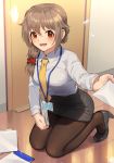  1girl :d bangs blurry blurry_background blush braid breasts brown_hair brown_legwear collared_shirt commentary_request door dress_shirt envelope eyebrows_visible_through_hair giving grey_footwear grey_skirt hair_ornament hair_over_shoulder hair_scrunchie hand_up high_heels holding holding_paper id_card idolmaster idolmaster_cinderella_girls indoors kamille_(vcx68) kneeling lanyard long_hair long_sleeves looking_at_viewer medium_breasts miniskirt necktie office_lady on_floor open_mouth orange_eyes outstretched_arm pantyhose paper pencil_skirt red_scrunchie scrunchie senkawa_chihiro shiny shiny_hair shirt shirt_tucked_in shoes sidelocks single_braid skirt smile solo sparkle tile_floor tiles white_shirt yellow_neckwear 