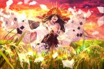  1girl bead_necklace beads body_markings breasts brown_eyes brown_hair cleavage david_lee fate/grand_order fate_(series) himiko_(fate) jewelry large_breasts long_hair necklace twilight wheat_field wide_sleeves 