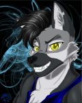  anthro black_hair canid canine canis clenched_teeth clothed clothing fangs fur grey_body grey_fur hair hi_res male mammal multicolored_body multicolored_fur open_mouth open_smile raynadkins simple_background smile solo teeth white_body white_fur wolf yellow_eyes 