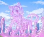  1girl :d all_fours animal_ears blue_sky blush building cat_ears cat_tail day giantess hair_between_eyes heart heart-shaped_pupils highres kixyuresu long_hair looking_at_viewer monster_girl multiple_tails nekomata open_mouth original outdoors pink_eyes pink_hair pink_sclera pink_skin sky skyscraper slime_girl smile solo symbol-shaped_pupils tail two_tails 