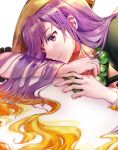  1girl absurdres ajirogasa bead_necklace beads blonde_hair gradient_hair hat head_on_arm highres hijiri_byakuren jewelry long_hair looking_down lying mujiga multicolored_hair necklace on_stomach purple_eyes purple_hair short_sleeves smile solo touhou wavy_hair white_background 