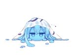  ... 1girl ahoge blue_eyes blue_hair blue_sclera blue_skin closed_mouth dot_mouth huge_ahoge jitome kixyuresu looking_at_viewer lying melting monster_girl name_tag on_stomach original simple_background slime_girl solo white_background 