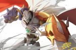  absurdres armor cape digimon gun highres horns looking_at_viewer no_humans omegamon red_cape solo spikes sword weapon white_cape yumuto_(spring1786) 