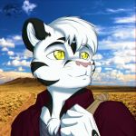  1:1 anthro black_body black_fur clothed clothing detailed_background felid fur hair hi_res male mammal multicolored_body multicolored_fur pantherine raynadkins smile solo tiger two_tone_body two_tone_fur white_body white_fur white_hair yellow_eyes 