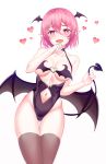  1girl :d absurdres bare_arms bare_shoulders black_leotard breasts brown_legwear clothing_cutout cowboy_shot demon_girl demon_tail demon_wings fangs groin head_wings heart heart-shaped_pupils highleg highleg_leotard highres holding_tail large_breasts leotard looking_at_viewer lucid_(maplestory) maplestory muyang naughty_face navel navel_cutout open_mouth pink_eyes pink_hair pointy_ears revealing_clothes short_hair sidelocks simple_background smile solo standing succubus symbol-shaped_pupils tail thigh_gap thighhighs thighs white_background wings 