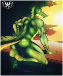  anthro breasts brown_eyes butt claws crocodile crocodilian crocodylid detailed_background fangs female green_body hi_res knightmoonlight98 multicolored_body muscular muscular_anthro muscular_female non-mammal_breasts reptile scalie smile solo two_tone_body water yellow_body 