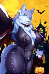  anthro breasts canid canine clothed clothing female fur genitals hair halloween hi_res holidays looking_at_viewer mammal mother mother_and_child mother_and_son parent parent_and_child pussy smile son translucent translucent_clothing treyer tuft 